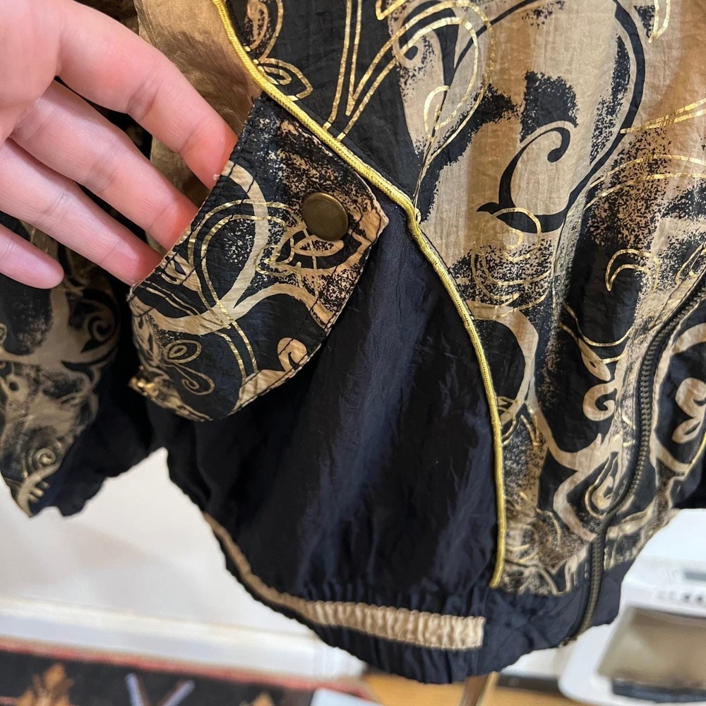 Vintage 90s Windbreaker Jacket Gold Black Print Bomber Mob Wife L - Picture 4 of 12